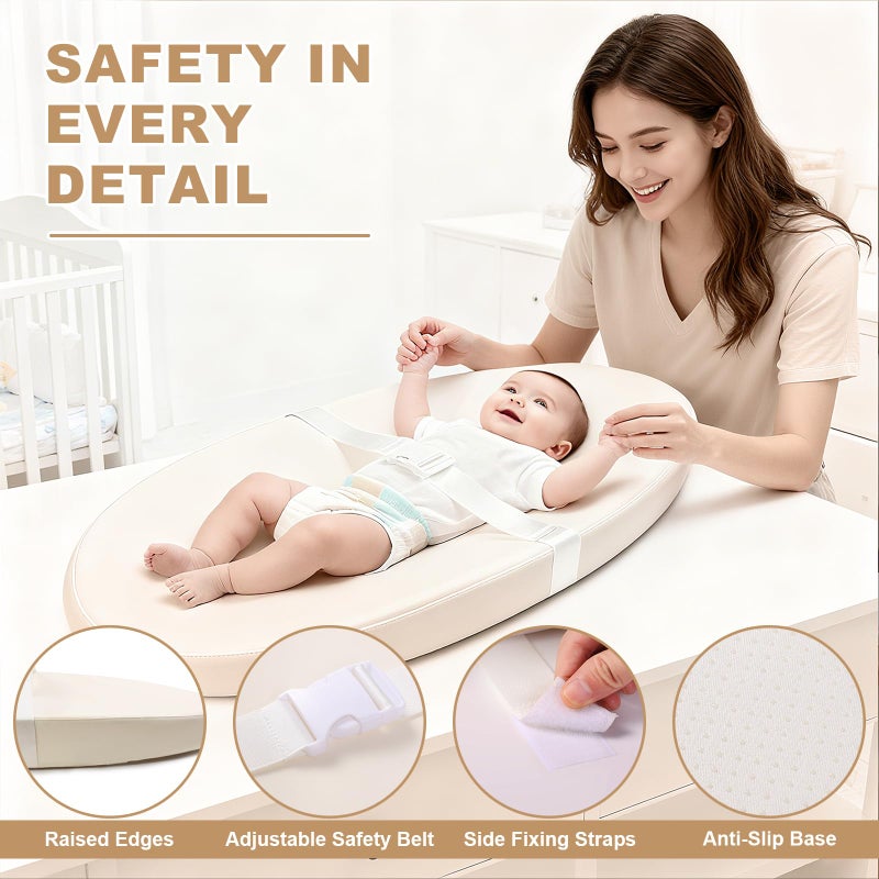 Qalvyn Baby Changing Pad for Dresser, with Wipeable Waterproof PU Cover, Contoured Diaper Changing Pad with Non-Slip Safety Belt, Portable Lightweight Changing Mat with Cushioned Foam, Beige - Image 4