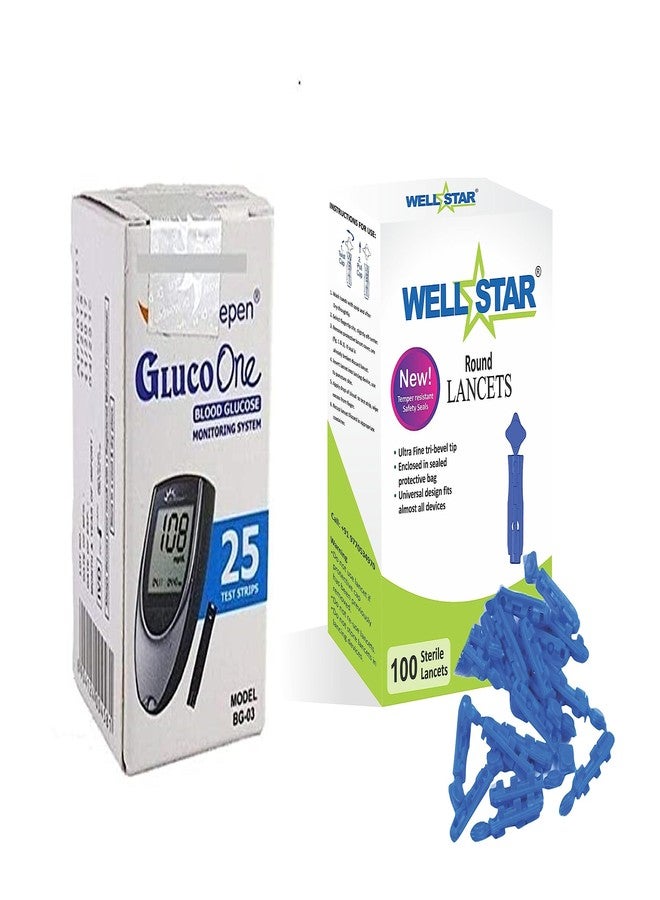 WELLSTAR مجموعة WELLSTAR المكونة من 100 إبرة قياس سكر الدم دائرية مع 25 شريط اختبار DR.MOREPEN BG-03، لون أزرق - Image 1