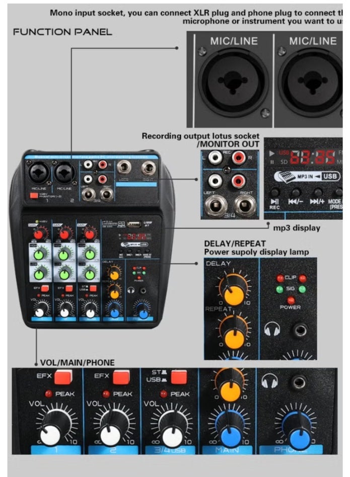 4-Channel Mixer, DJ Mixing Console with Bluetooth, 48V Phantom Power, Karaoke System USB Mixer Audio for Self-Media (Black) - Image 2