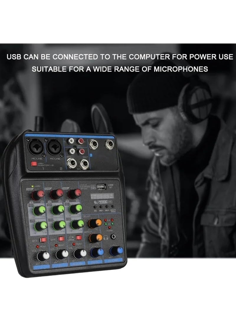 4-Channel Mixer, DJ Mixing Console with Bluetooth, 48V Phantom Power, Karaoke System USB Mixer Audio for Self-Media (Black) - Image 4