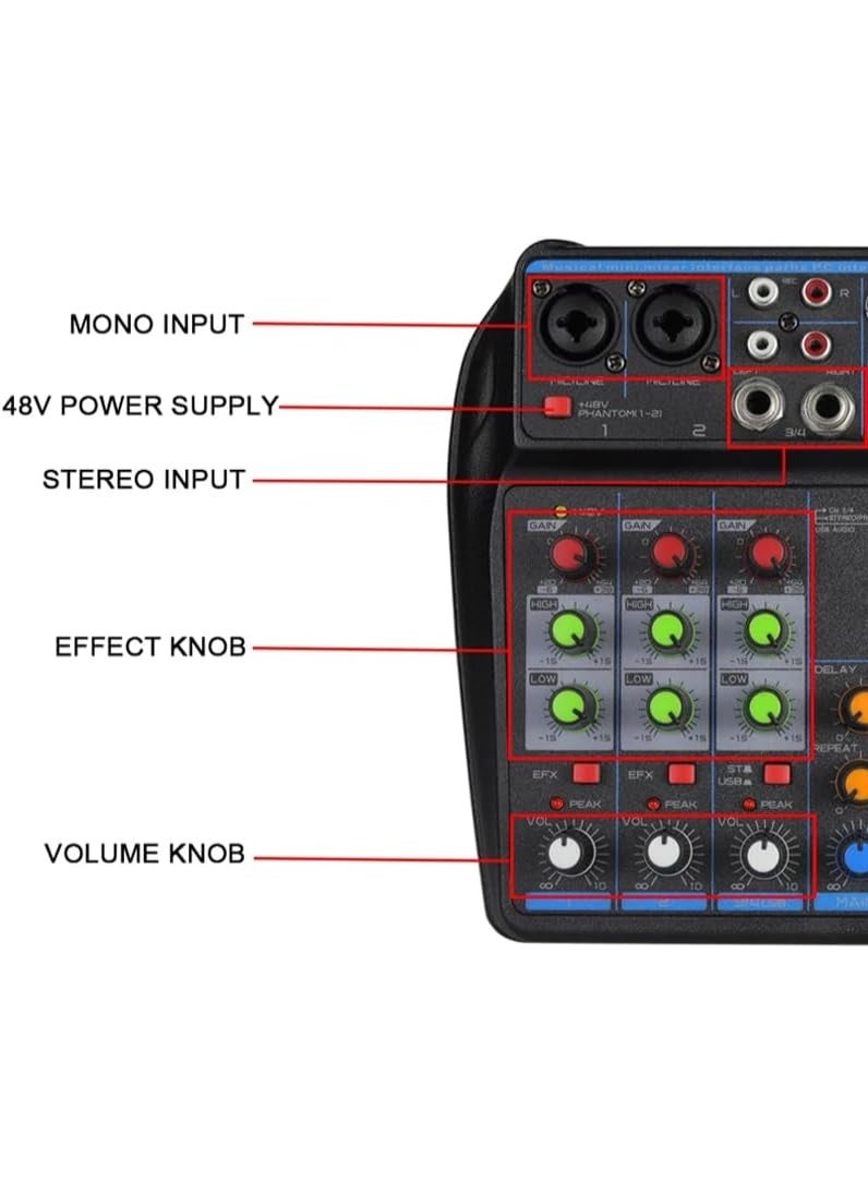 4-Channel Mixer, DJ Mixing Console with Bluetooth, 48V Phantom Power, Karaoke System USB Mixer Audio for Self-Media (Black) - Image 5