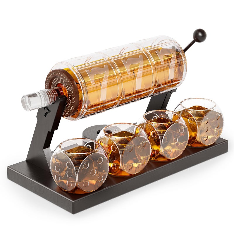Kollea Slot Whiskey Decanter Sets for Men, Kollea 50.7 Oz Whiskey Decanter Set with 4 Dice Glasses, Casino Style Decanter for Bourbon, Gifts for Men Dad, Him, Boyfriend, Guy, Birthday, Anniversary, Valentine - Image 1