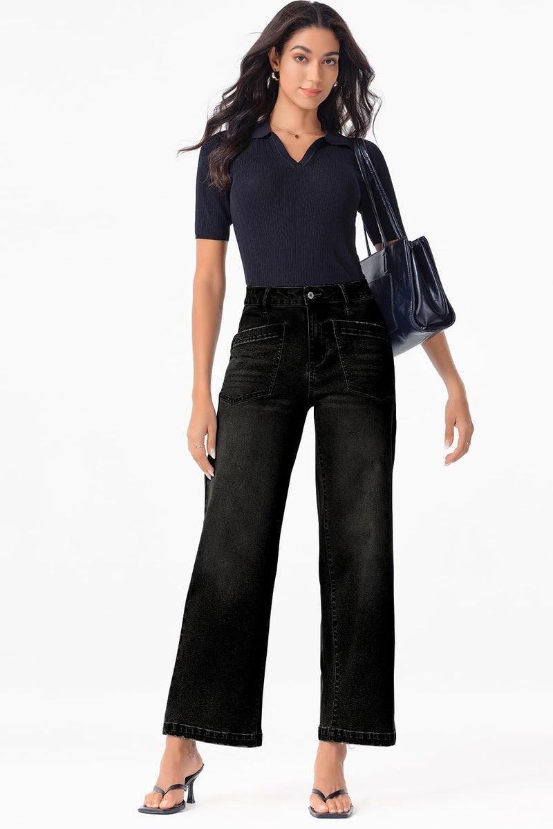 Sidefeel Jeans for Women Trendy High Waisted Stretchy Straight Leg Jeans Loose Zimbaplatinum Ankle Denim Pants Black Size 14 - Image 4