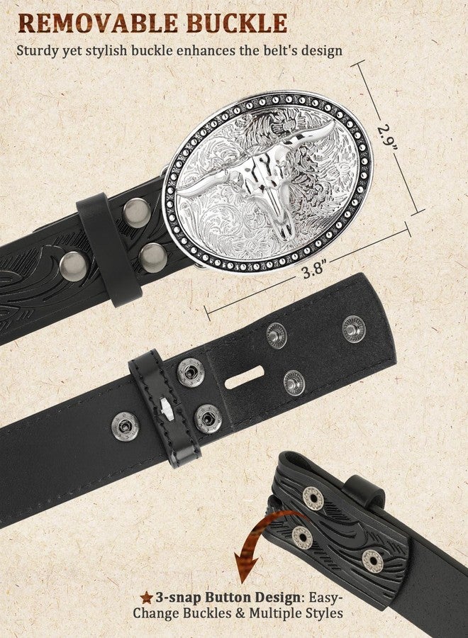 Kicoroiny Leather Western Belts for Woman Men - Bull Buckle, Cowboy Cowgirl Country Embossed Belt for Jeans Women Mens Gifts - Image 4