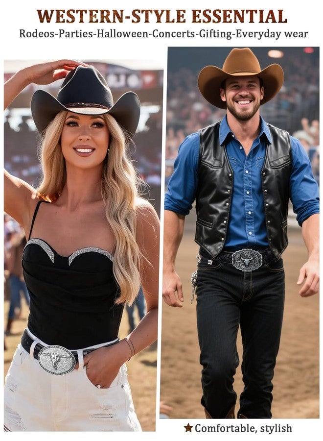 Kicoroiny Leather Western Belts for Woman Men - Bull Buckle, Cowboy Cowgirl Country Embossed Belt for Jeans Women Mens Gifts - Image 2