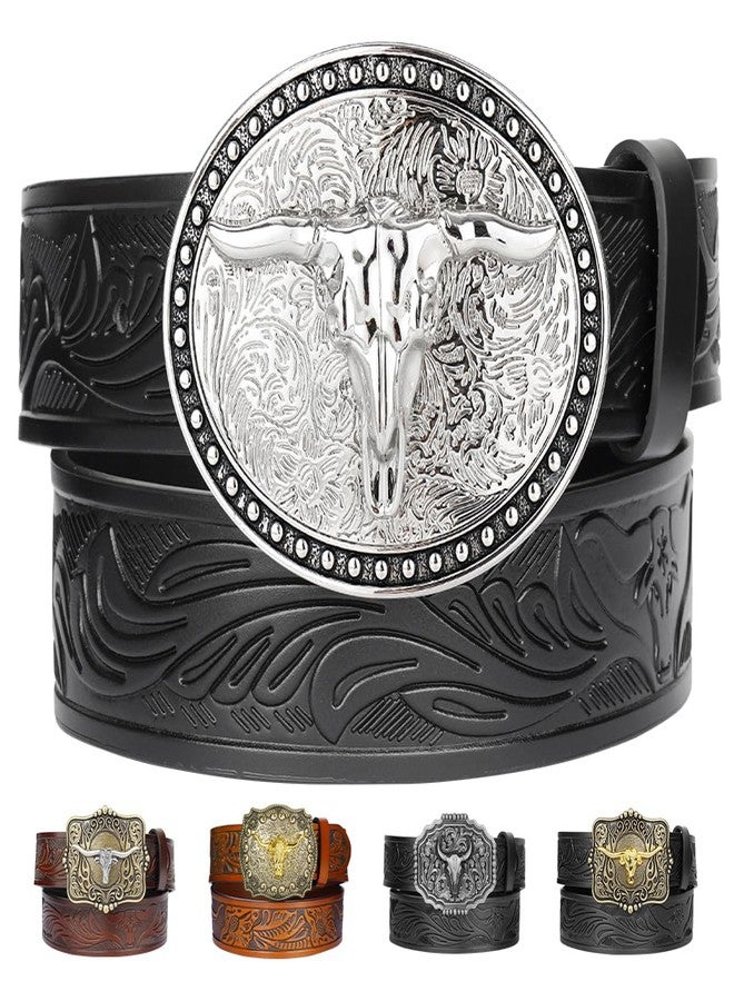Kicoroiny Leather Western Belts for Woman Men - Bull Buckle, Cowboy Cowgirl Country Embossed Belt for Jeans Women Mens Gifts - Image 1