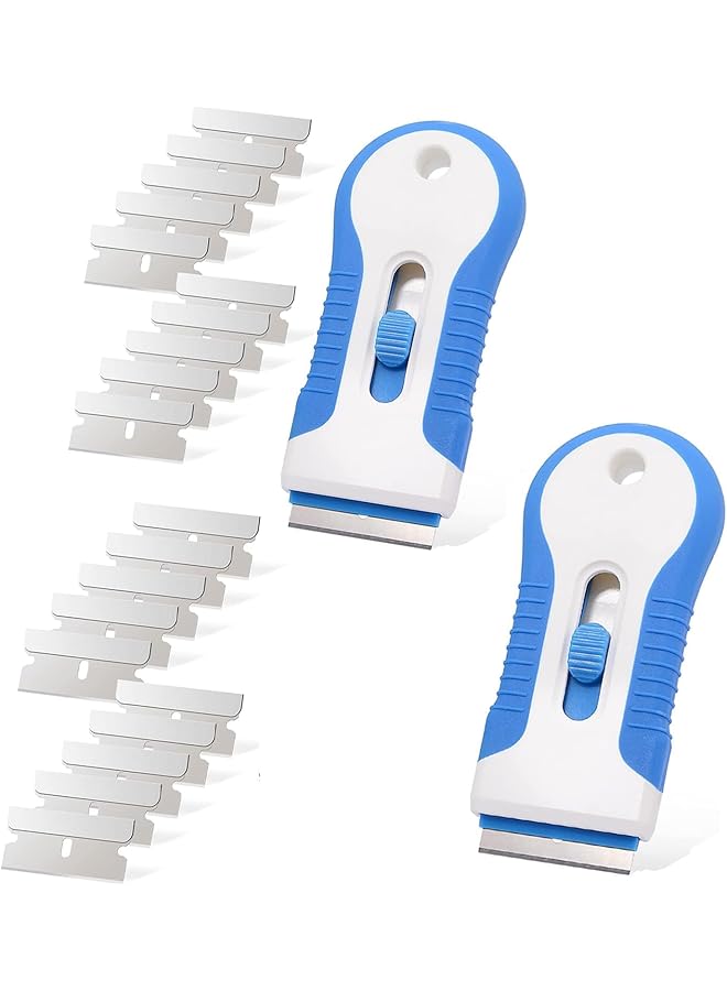 promass Razor Blade Scraper Tool, 2PCS Retractable Plastic Razor Blade Scraper, Cleaning Razor Scraper with 20 Stainless Steel Blades, Glass Cooktop Scraper for Removing Sticker, Label, Adhesive (Blue） - Image 1