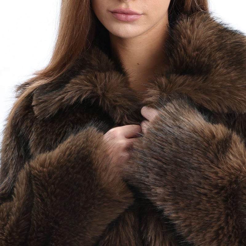 Amazhiyu Women's Faux Fur Cropped Coat Winter Open-front Long Sleeve Jackets Warm Coffee, Large - Image 4