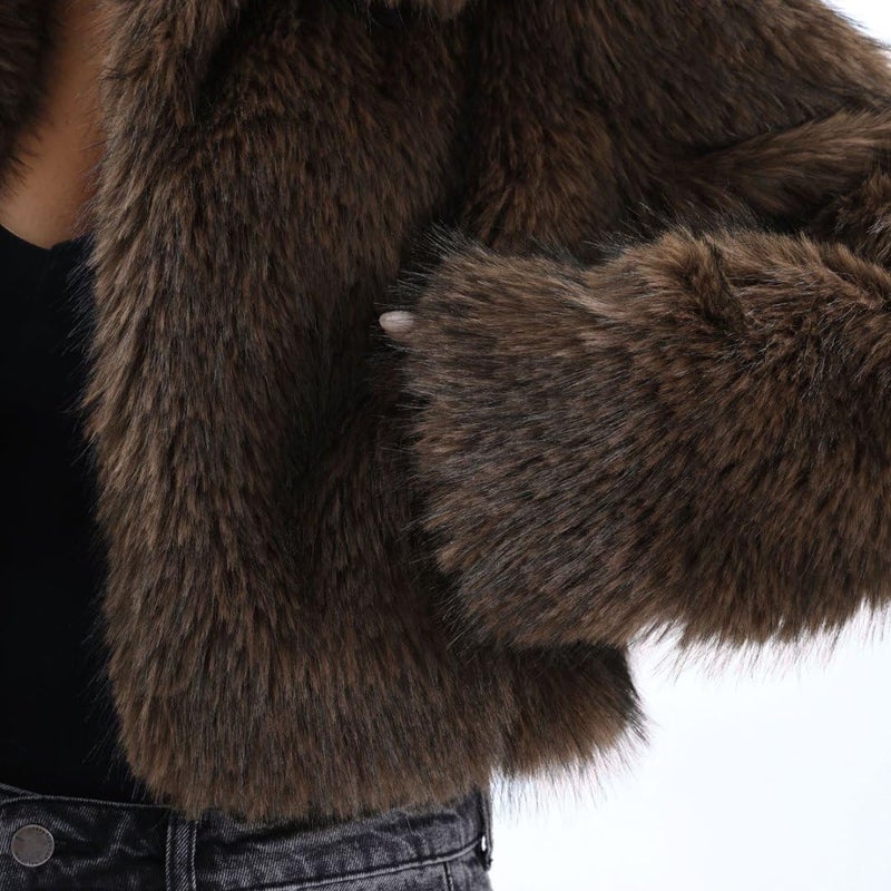 Amazhiyu Women's Faux Fur Cropped Coat Winter Open-front Long Sleeve Jackets Warm Coffee, Large - Image 5