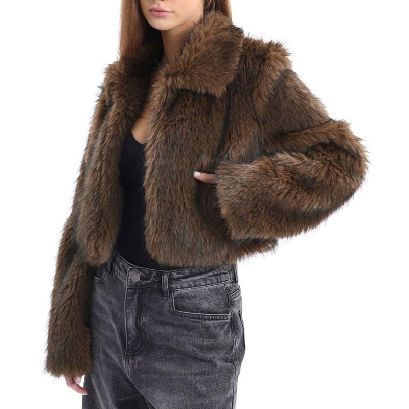 Amazhiyu Women's Faux Fur Cropped Coat Winter Open-front Long Sleeve Jackets Warm Coffee, Large - Image 3