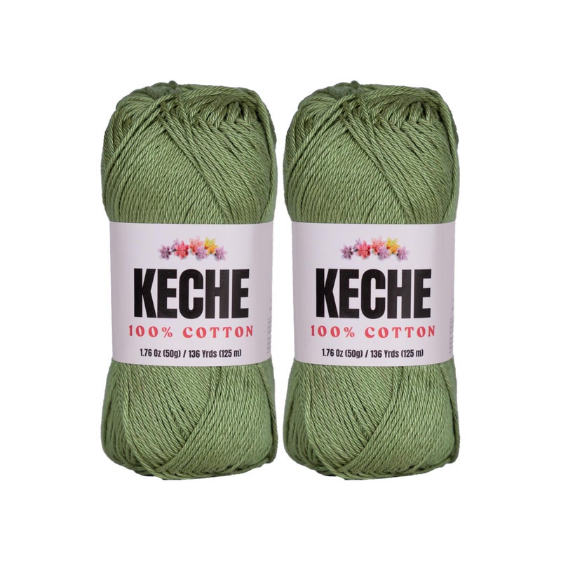 KECHE Cotton Yarn - 100% Cotton Yarn for Crocheting and Knitting, Mercerized Cotton Amigurumi Yarn Fine-Sport 2 1.76 oz (50g) / 136 Yrds (125 m) 2 Skeins - Avocado Green - Image 1