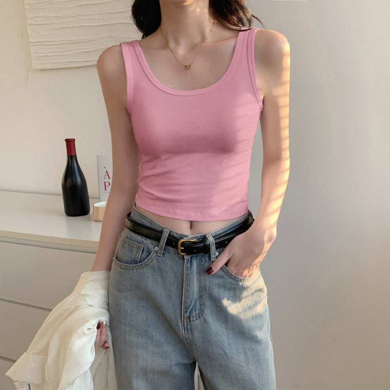 Black small spaghetti strap vest, women's inner wear for summer, outer wear as a base U-shaped beauty back, sports cover for side , short crop top - Image 1