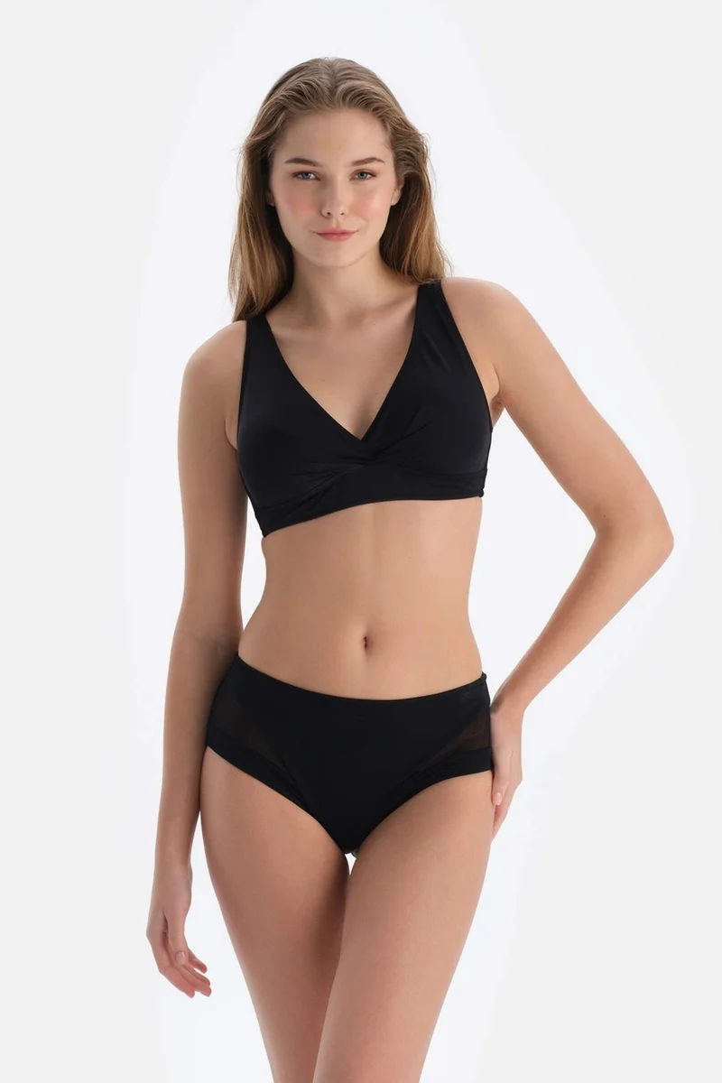 داجي Black Tulle Detailed High Waist Bikini Bottom