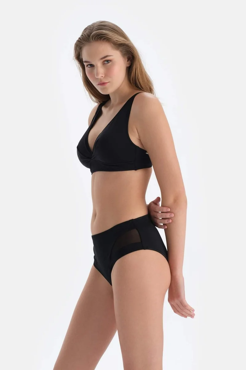داجي Black Tulle Detailed High Waist Bikini Bottom