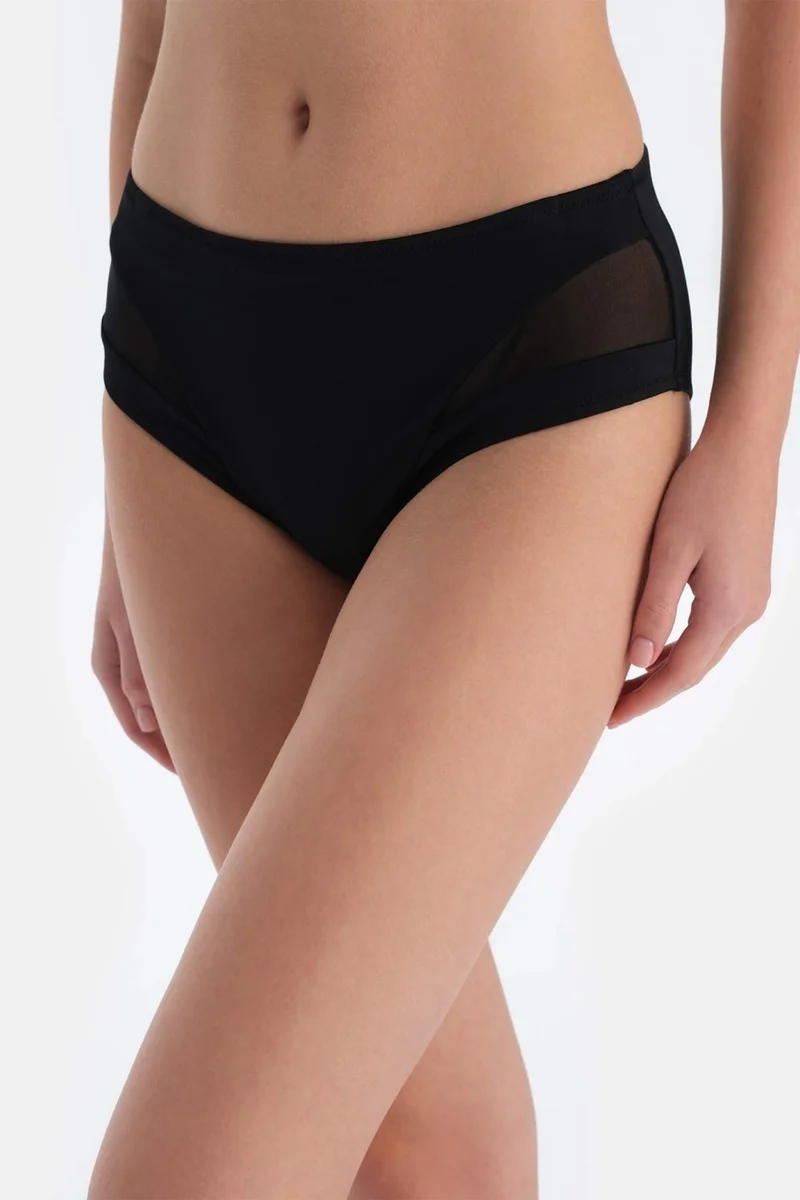 داجي Black Tulle Detailed High Waist Bikini Bottom