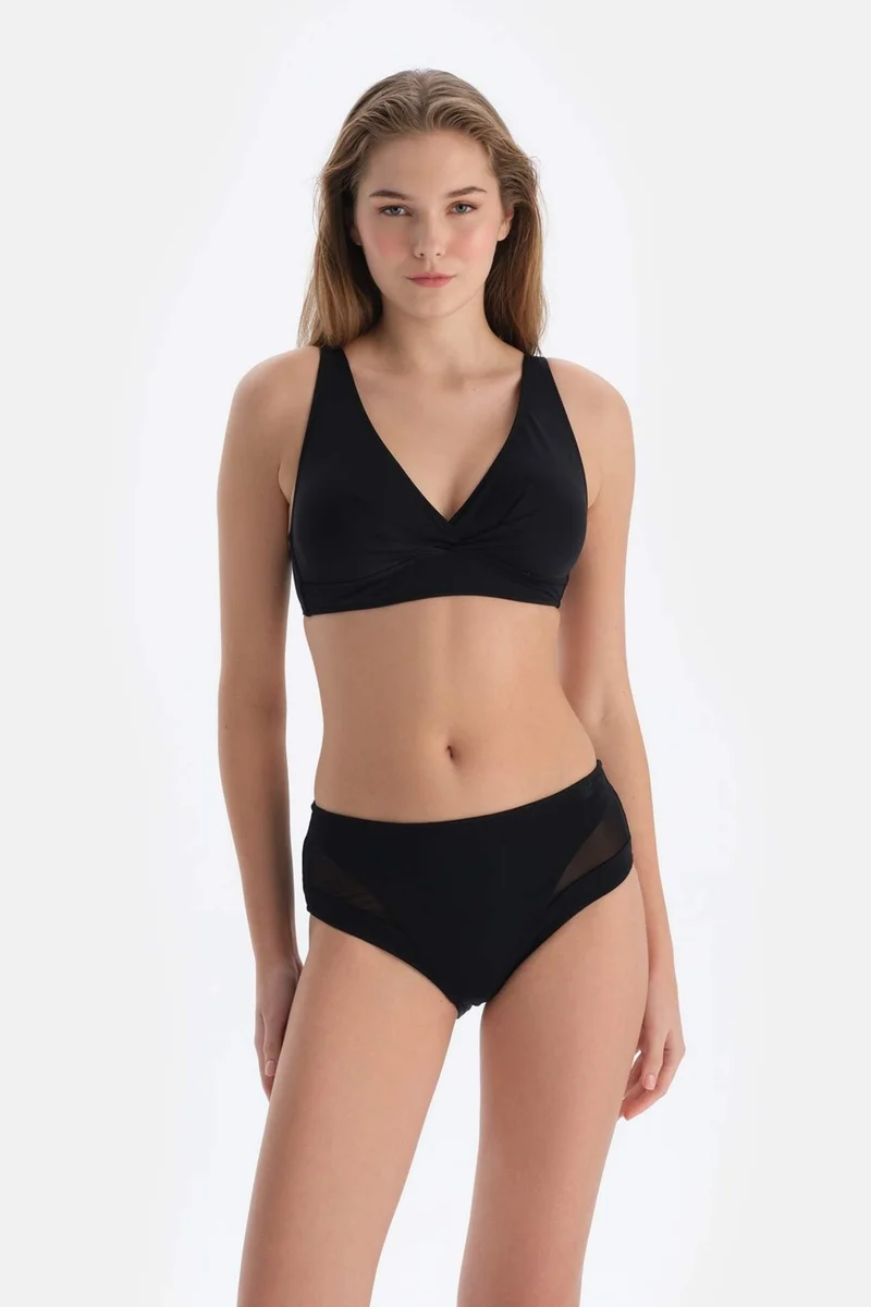داجي Black Tulle Detailed High Waist Bikini Bottom