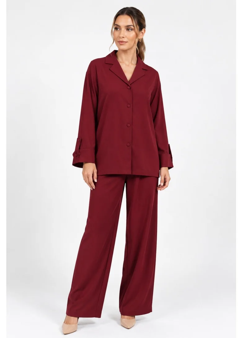 Nikias Nikias Red American Linen Trouser Set with Coat Collar