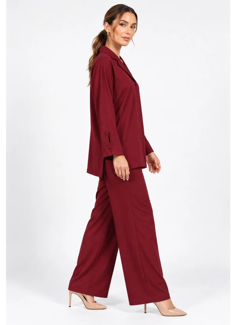 Nikias Nikias Red American Linen Trouser Set with Coat Collar