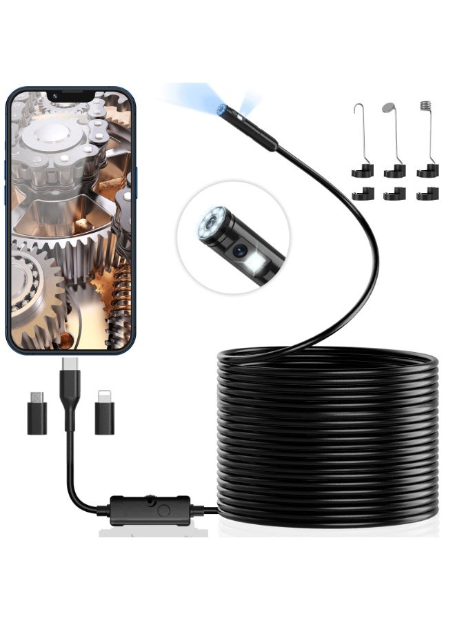 Dual Lens Industrial Endoscope Camera with 10m Semi-Rigid Snake Cable, 1920P HD Borescope, IP67 Waterproof, 8 LED Lights, Hook Magnet Mirror for Deep Inspection - Image 1