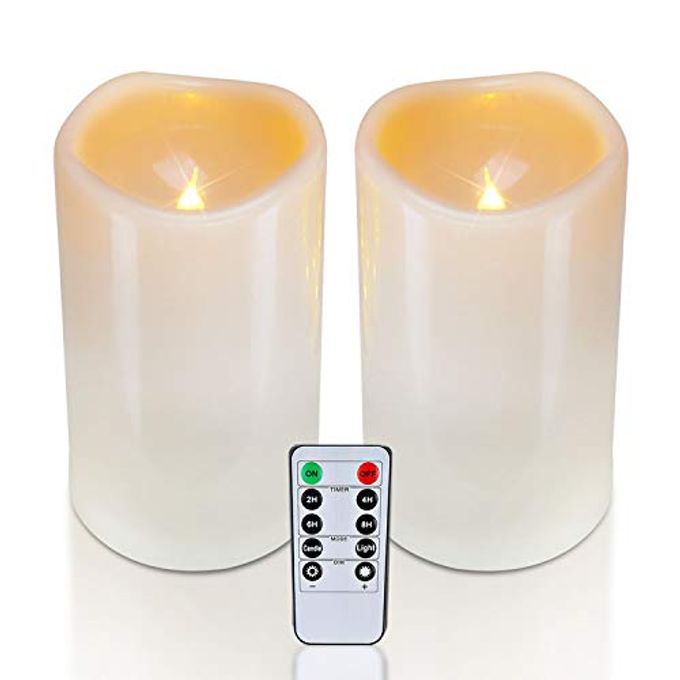 Homemory 4" x 6" Large Waterproof Outdoor Flameless Candles, Battery Operated Flickering LED Pillar Candles with Remote and Timers for Indoor Outdoor Lanterns, Long Lasting, Dark Ivory, Set of 2 - Image 1