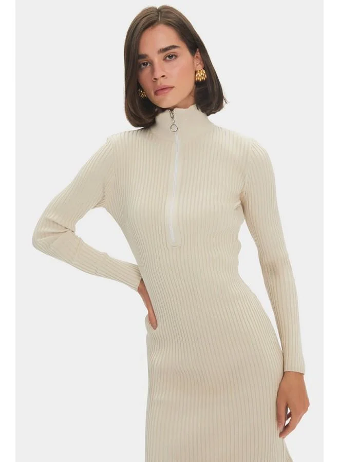 جون June Women Front Zippered Stand Neck Long Sleeve Knitwear Dress Beige
