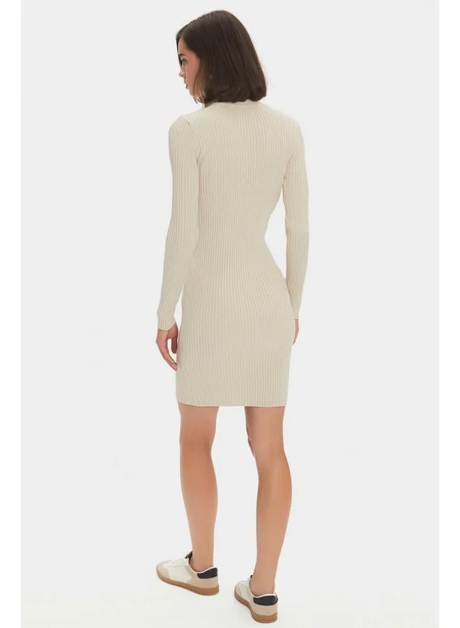 جون June Women Front Zippered Stand Neck Long Sleeve Knitwear Dress Beige