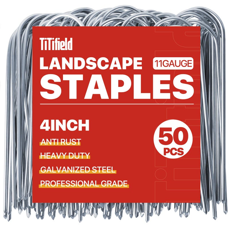 TiTifield U Shape Garden Stakes 50 Packs 4 Inch 11 Gauge Irrigation Tubing Stakes, Heavy Duty Galvanized Landscape Staples for Tube, Lawns, Landscape Fabrics,Irrigation Hose and Weed Barriers - Image 1