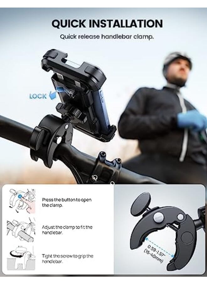Lamicall - Motorcycle Phone Mount Bike Phone Holder Upgrade Quick Install Handlebar Clip For Bicycle Scooter Cell Phone Clamp For Iphone 15 14 13 12 11 Pro Max Galaxy S22 And More 4.7 6.8 Inch Phone - Image 1