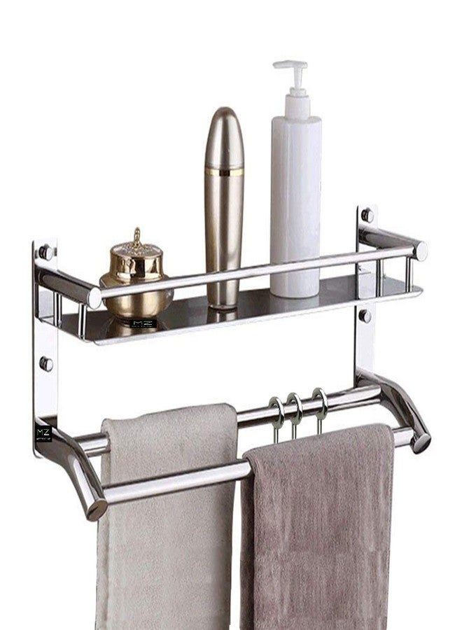 Meetzone High Grade Stainless Steel Multipurpose 2 Tier Bathroom Shelf with Towel Holder/Towel Hooks/Bathroom Accessories(Silver) - Image 2
