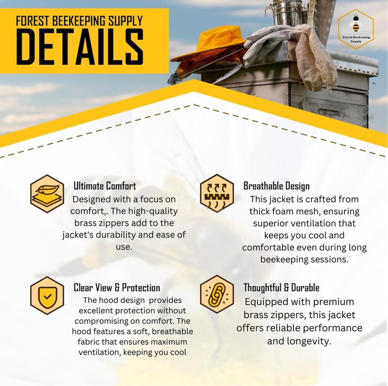 FOREST BEEKEEPING SUPPLY Forest Beekeeping Jacket - Ventilated Jacket with Fencing Veil Hood, Premium Beekeeping Jacket YKK Brass Zippers, Professional, Commercial, and Beginner Beekeeper Jacket (MEDIUM) - Image 2