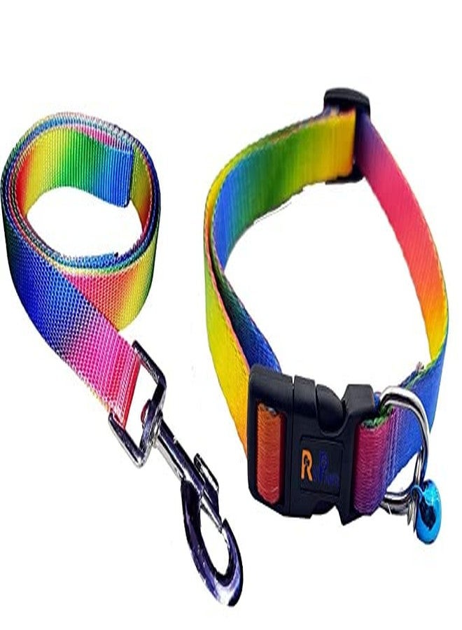 Pups&Pets 15MM Adjustable Nylon Paw Print Design Cute Collar and Leash Set with Bell for Dogs & Cat - (Rainbow) - Image 1