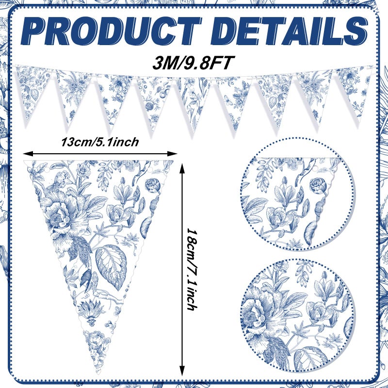 Weekgrat 5 Pieces Blue White Vintage Floral Paper Pennant Garland Wedding Garland Triangle Banner for Wedding Bridal Shower Outdoor Decoration - Image 2