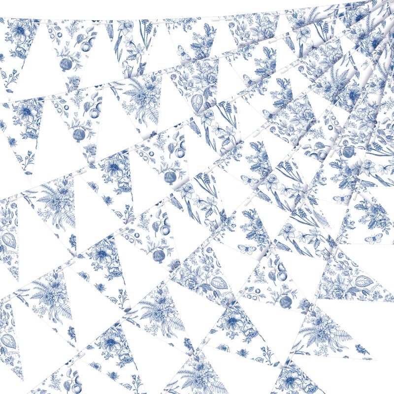 Weekgrat 5 Pieces Blue White Vintage Floral Paper Pennant Garland Wedding Garland Triangle Banner for Wedding Bridal Shower Outdoor Decoration - Image 1