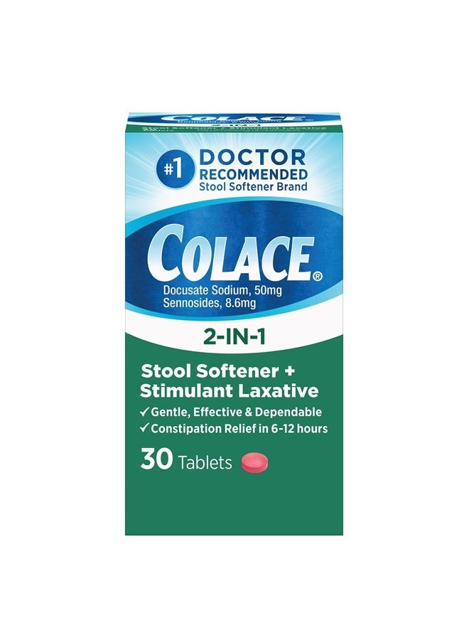 Colace أقراص ملين وملين للبراز 2 في 1، تخفيف لطيف للإمساك في 6-12 ساعة، 30 حبة - Image 1