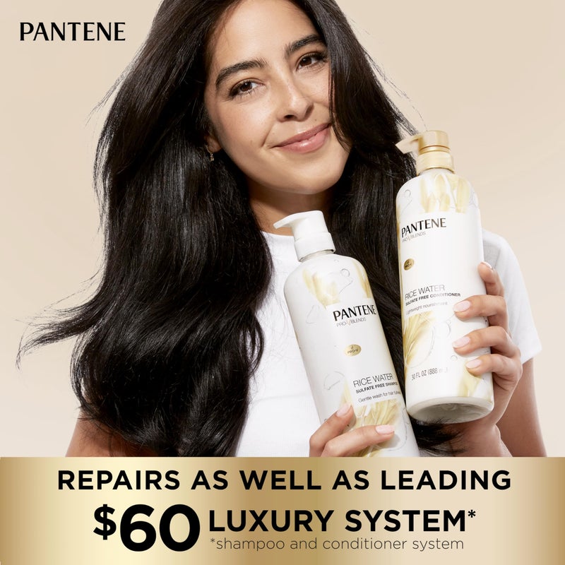 Pantene شامبو بانتين خالي من الكبريتات مع ماء الأرز، يحمي نمو الشعر الطبيعي، يمنح حجمًا، للنساء، مدعم بالفيتامين B5، آمن للشعر المعالج بالألوان، مزيج برو-في، 30.0 أونصة - Image 4