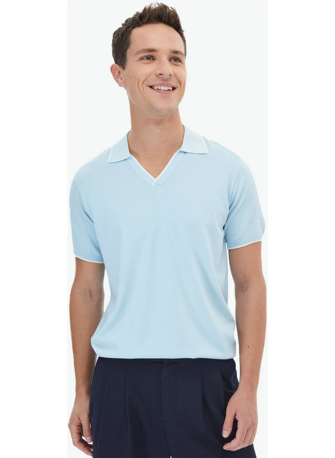 Kip Light Blue Polo Neck Plain Knit Knitwear
