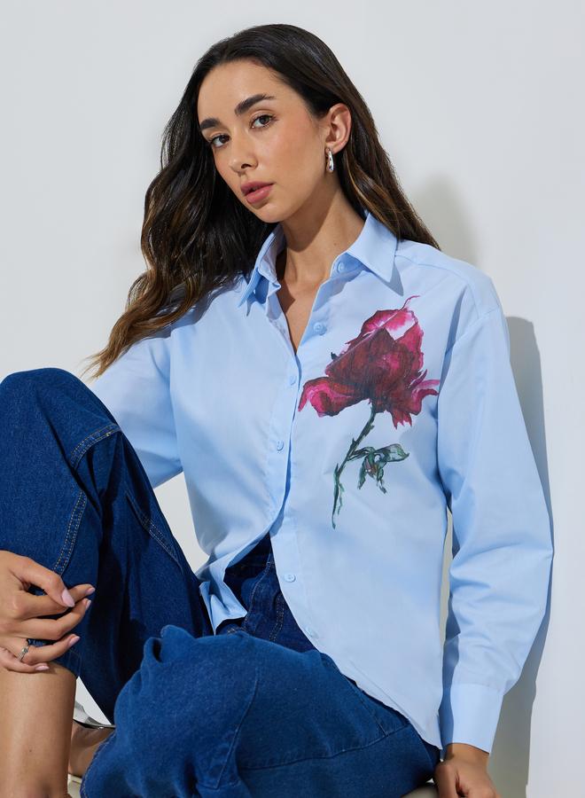Styli Light Blue Flower Print Long Sleeve Shirt - Image 1
