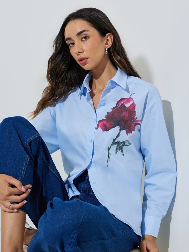 Styli Light Blue Flower Print Long Sleeve Shirt - Image 1