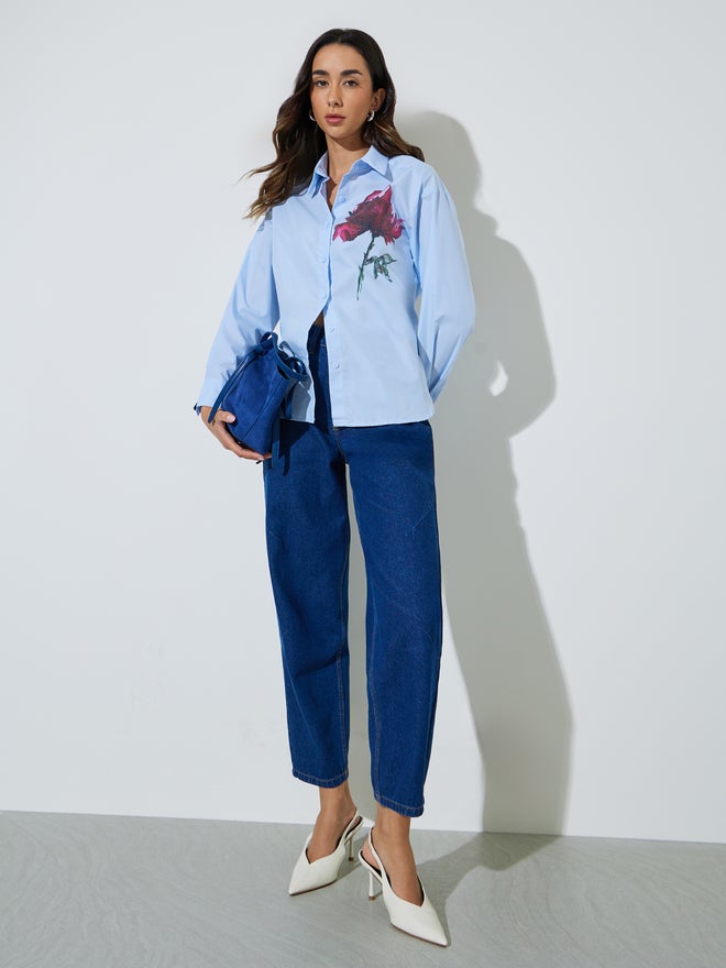 Styli Light Blue Flower Print Long Sleeve Shirt - Image 2