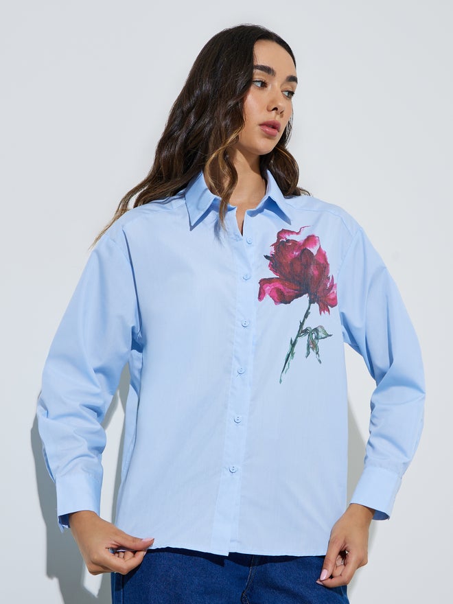 Styli Light Blue Flower Print Long Sleeve Shirt - Image 3