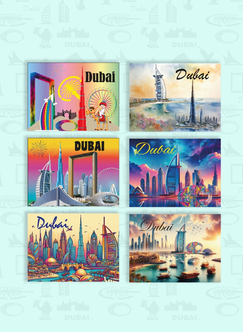 Souvenir Souq Dubai Foil Magnet 6pcs Set crafted with shiny metallic foil, featuring Burj Khalifa and iconic landmarks—perfect Dubai gift or keepsake. - Image 1