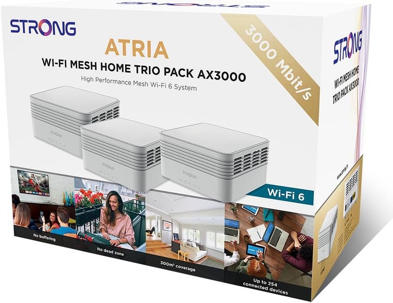 Strong ATRIA AX3000 Mesh Wi-Fi 6 System: Coverage up to 3,600sq.ft (300m2), Connects 254 Devices, 3 Gigabit Ports/Node, Enhanced Performance with 160 MHz Channels, App Control, Simple Setup (3 Packs) - Image 1
