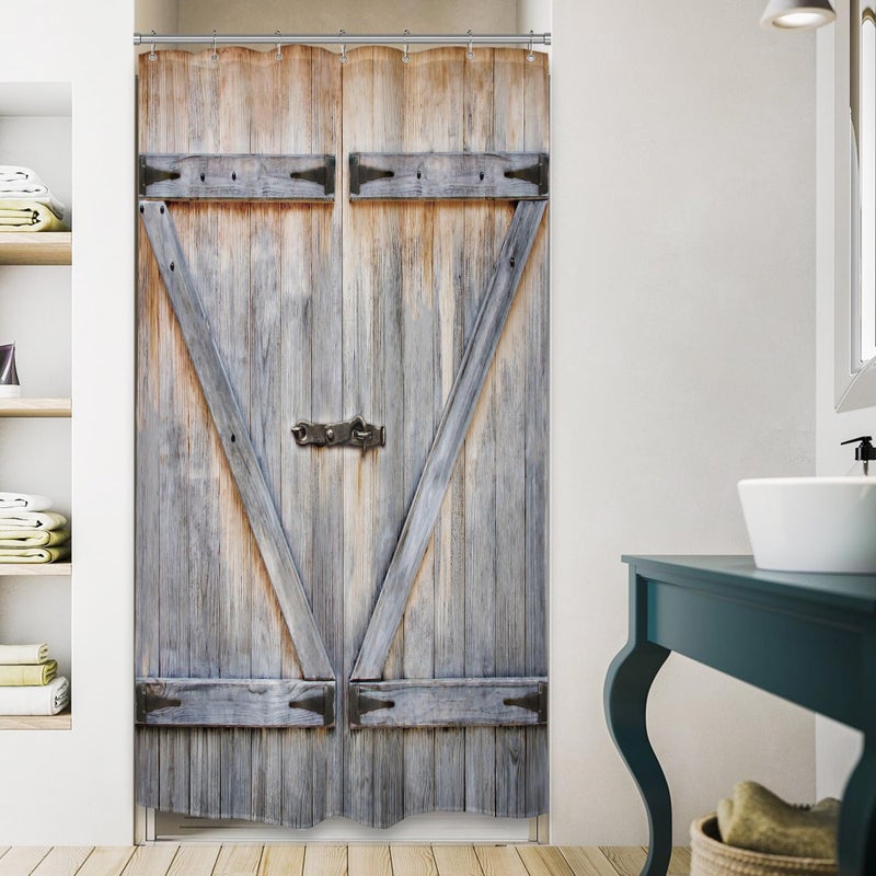 Riyidecor Rustic Small Barn Door Shower Curtain 36Wx72H Outdoor Stall 36 Inch Half Single Stand Up Shower Curtain Country Barnwood Decor Fabric Polyester Waterproof 7 Pack Plastic Hooks - Image 1