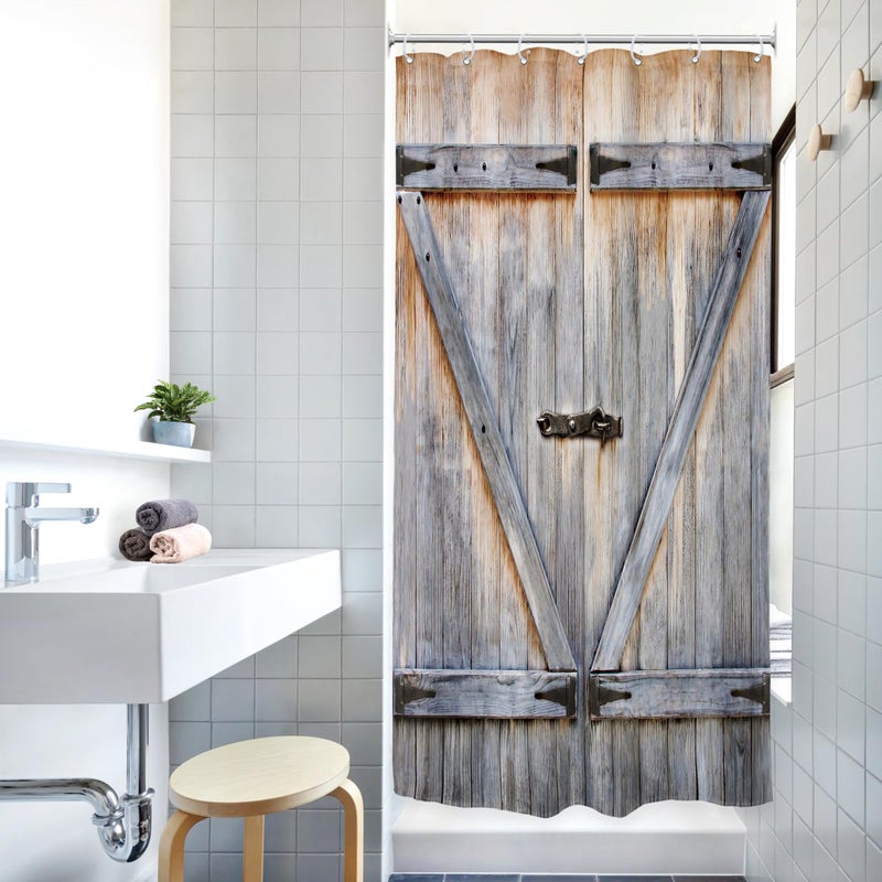 Riyidecor Rustic Small Barn Door Shower Curtain 36Wx72H Outdoor Stall 36 Inch Half Single Stand Up Shower Curtain Country Barnwood Decor Fabric Polyester Waterproof 7 Pack Plastic Hooks - Image 2