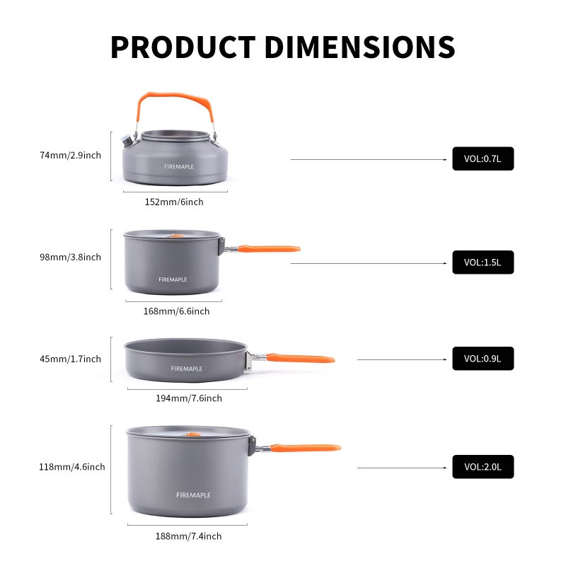 Fire-Maple Feast 4 Camping Cookware Kit Outdoor Cookware Set with Pots, Kettle, Saucepans and Spatula for Hiking Fishing Picnic - Image 2