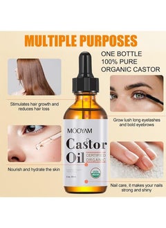 MOOYAM Organic Castor Oil, USDA Certified Organic, 100% Pure, Cold Pressed, Hexane Free, Stimulates Eyelash, Eyebrow and Hair Growth, Skin Moisturizer and Degreaser  60ml  - Image 3