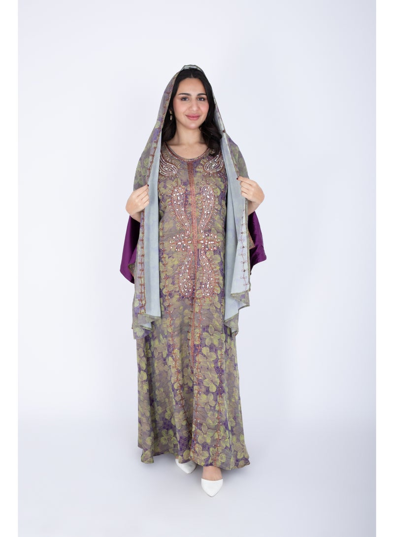 IKKXA Printed Jalabiya Crystal Patterns with Shawl - Image 5