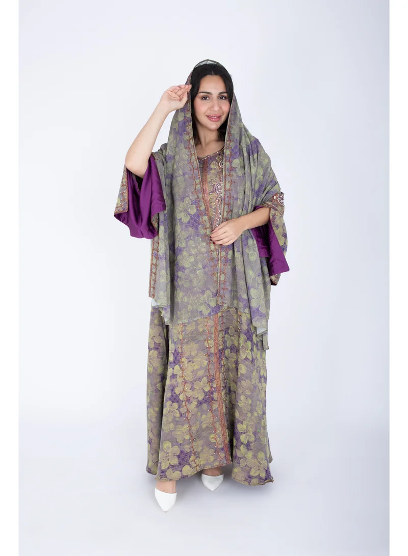 IKKXA Printed Jalabiya Crystal Patterns with Shawl