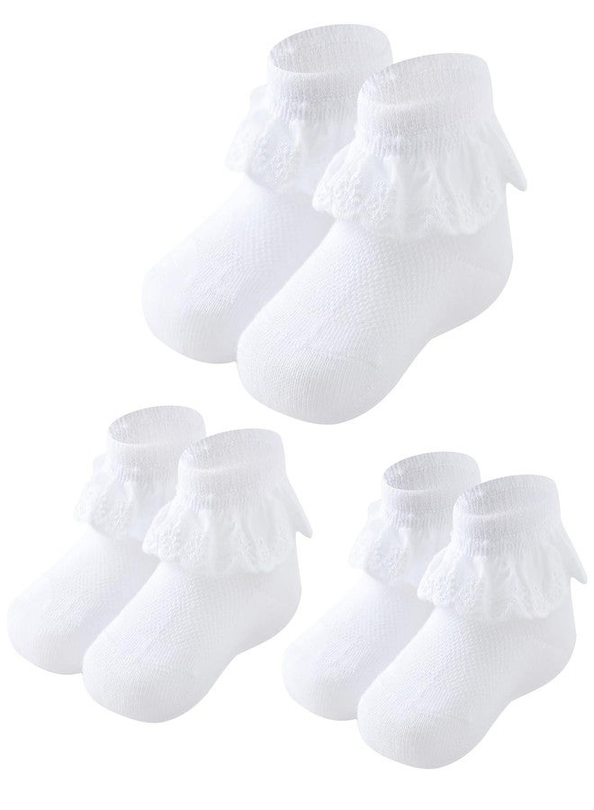 Mini angel Baby Girls Socks Eyelet Ruffle Lace Frilly Dress Socks for Toddler 3 Pairs (White, 12-24 Months) - Image 1