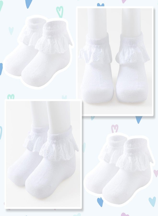 Mini angel Baby Girls Socks Eyelet Ruffle Lace Frilly Dress Socks for Toddler 3 Pairs (White, 12-24 Months) - Image 2